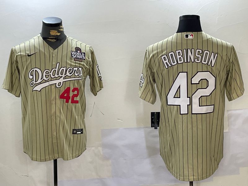Men Los Angeles Dodgers #42 Robinson Green Stripe Game 2024 Nike MLB Jersey style 3